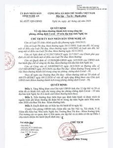 Đức Giám mục Nguyễn Hữu Long, Giám mục Giáo phận Vinh được tỉnh Nghệ An tặng bằng khen vì có thành tích phòng chống dịch Covid-19