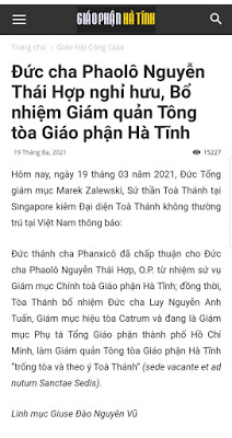Linh mục đoàn giáo phận Hà Tĩnh chia rẽ vì Giám mục Nguyễn Thái Hợp?!