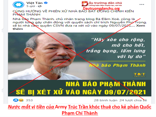 Nước mắt vì tiền của Army Trúc Trần khóc thuê cho kẻ phản Quốc Phạm Chí Thành
