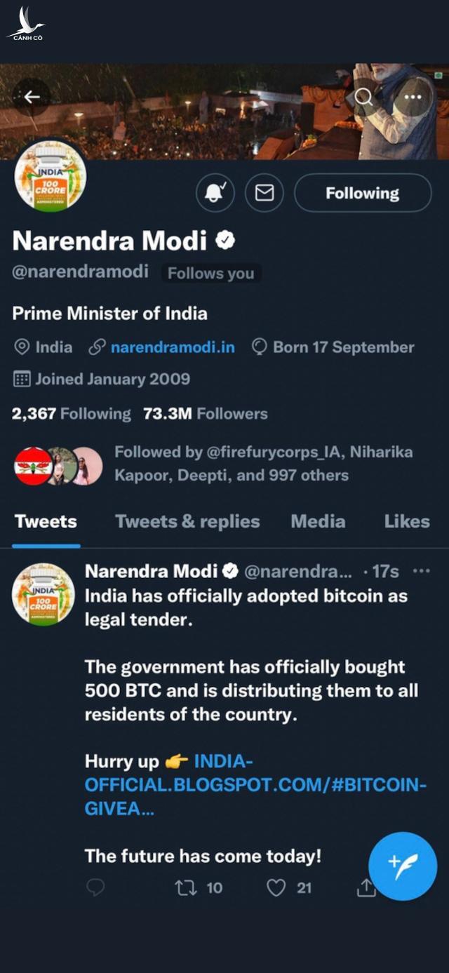 Tài khoản Twitter của Thủ tướng Ấn Độ bị hacker xâm nhập