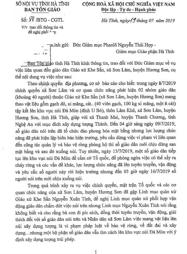 Hà Tĩnh yêu cầu Giám mục Nguyễn Thái Hợp có trách nhiệm chấn chỉnh, quản lý linh mục Nguyễn Xuân Tính, quản xứ Khe Sắn, Hương Sơn