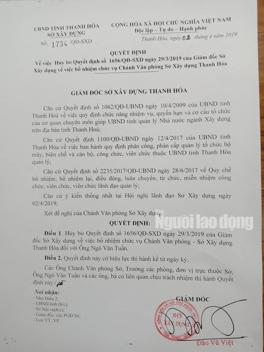 Hủy quyết định bổ nhiệm ông Ngô Văn Tuấn làm chánh Văn phòng Sở Xây dựng Thanh Hóa