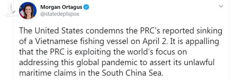 Mỹ lên án việc Trung Quốc đâm chìm tàu cá Việt Nam
