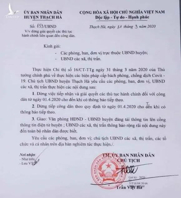 Phát văn bản sai chỉ đạo của Thủ tướng, huyện Thạch Hà nhanh chóng thu hồi
