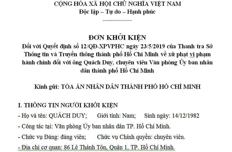 Quách Duy/Nguyễn Đệ khởi kiện lại Sở 4T tp. HCM