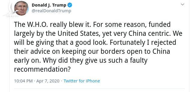 Tổng thống Donald Trump cáo buộc WHO xem Trung Quốc là “cái rốn của vũ trụ”