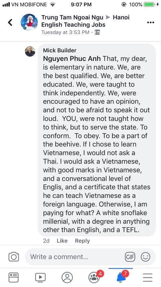 Vài kẻ thất bại ở bản địa sang Việt Nam kiếm ăn nhưng phân biệt chủng tộc!