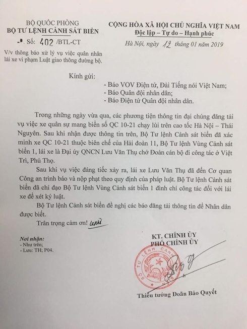 Xử lý kỷ luật đại úy lái xe biển đỏ chạy lùi trên cao tốc Hà Nội - Thái Nguyên
