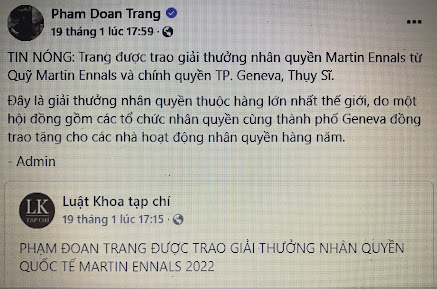 Thấy gì về giải thưởng “dân chủ nhân quyền” cho Phạm Đoan Trang?