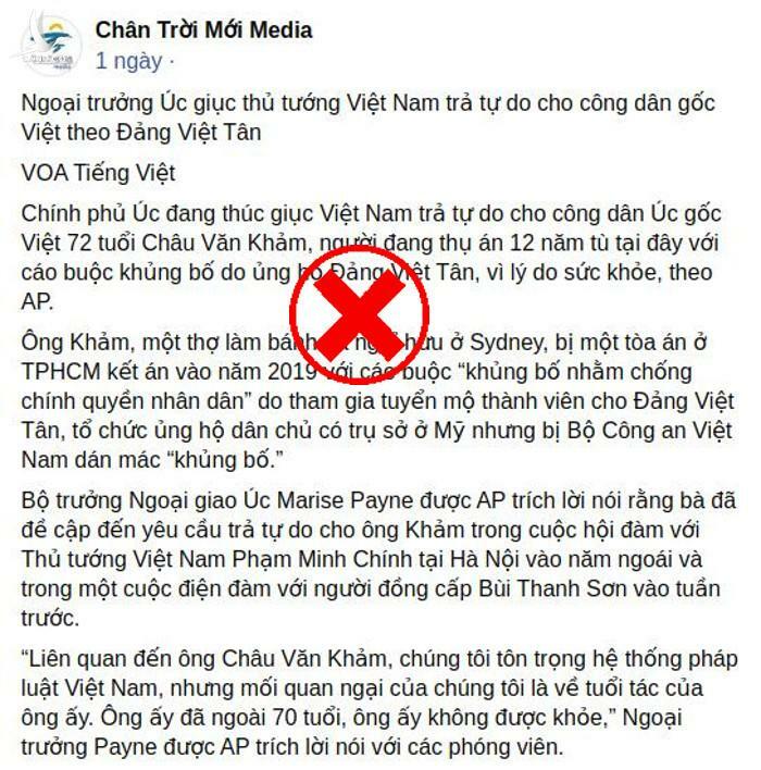 Không phải Ngoại trưởng Úc thúc giục thì Việt Nam sẽ trả tự do cho Châu Văn Khảm